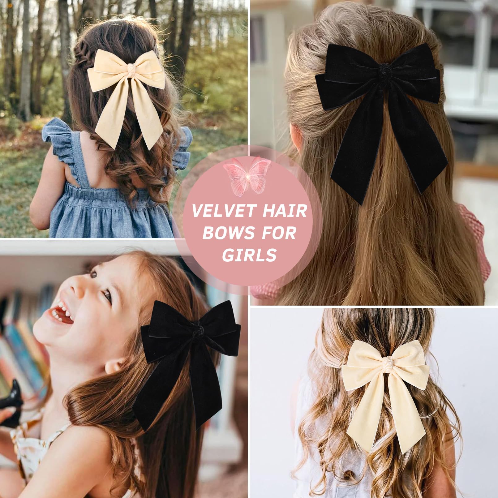 Sofeiyan 2PCS Velvet Hair Bows Ribbon Hair Clip Black Beige Ponytail Holder Accessories Slides Metal Clips Hair Bow for Women Girls Toddlers Teens Kids