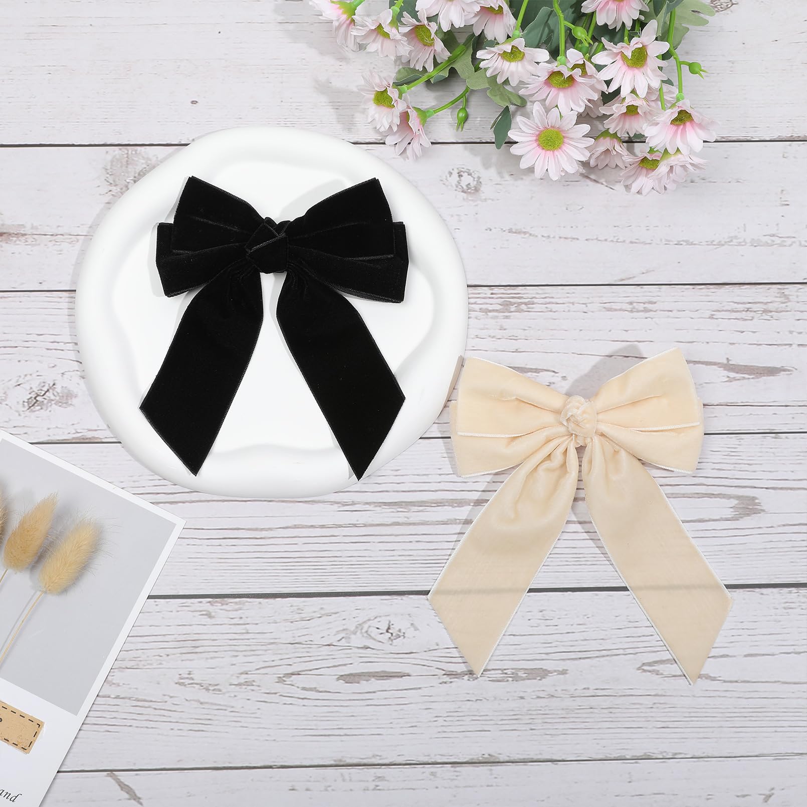Sofeiyan 2PCS Velvet Hair Bows Ribbon Hair Clip Black Beige Ponytail Holder Accessories Slides Metal Clips Hair Bow for Women Girls Toddlers Teens Kids