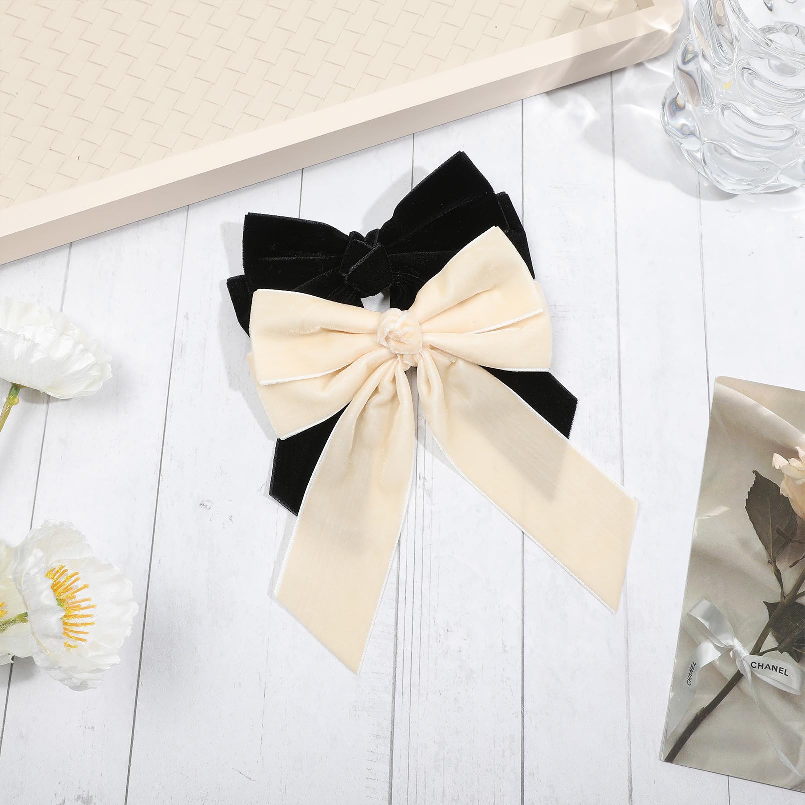 Sofeiyan 2PCS Velvet Hair Bows Ribbon Hair Clip Black Beige Ponytail Holder Accessories Slides Metal Clips Hair Bow for Women Girls Toddlers Teens Kids