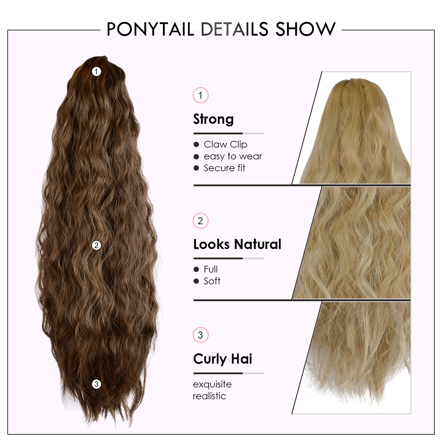 Sofeiyan Claw Clip in Ponytail Hair Extension Synthetic Long Corn Wave 20 Inch Curly Ponytail Hairpiece for Women Daily Party Use, Medium Brown & Light Auburn Mixed