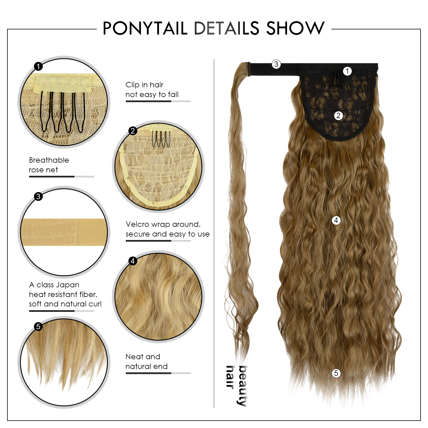 Sofeiyan Ponytail Extension 20 Inch Long Curly Wave Wrap Around Synthetic Clip in Hair Extension for White Black Women Party Daily Use, Light Golden Brown & Pale Golden Blonde